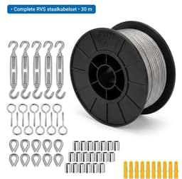 Namajunas - 56 stuks staalkabelset - Buitenverlichting geleidedraad - 30M/100FT 304 roestvrijstalen draadkabel - Staalkabel met oogjeshaken - voor Buiten Tuin Keuken - M5 spanschroef staalkabel - Spandraad systeem Voor Klimplanten - Waslijn — thumbnail 1