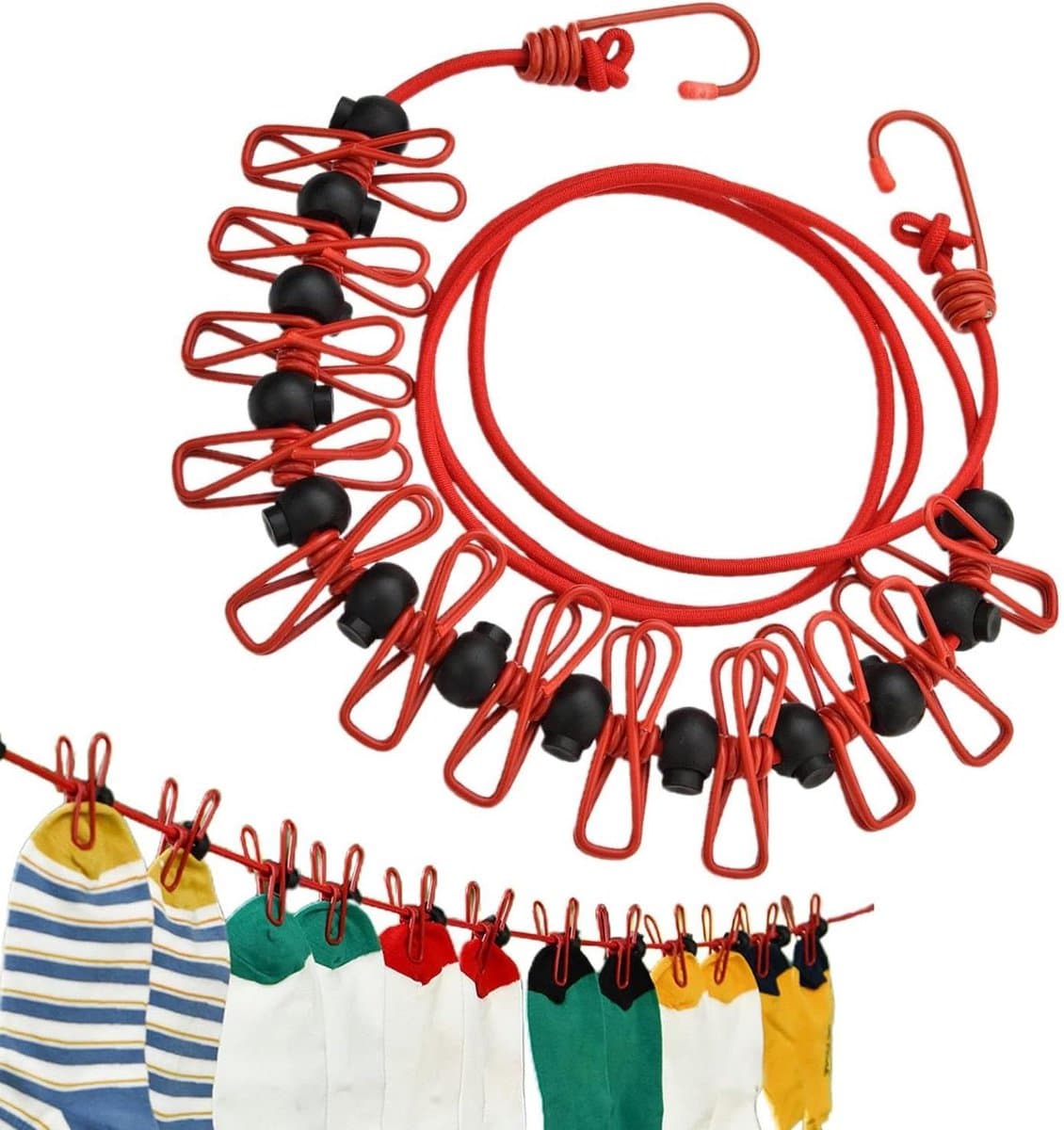 Waslijnen met Clips - Reiswaslijn Drooglijn - Kleding Drogen - Winddicht Anti-slip - 1.7 meter - Rood — afbeelding 1