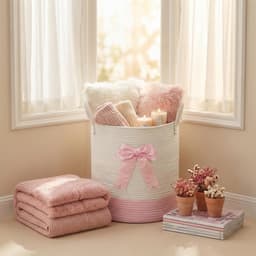 SnelShoppen - Roze Wasmand met Strik, Geweven Touw Speelgoedopbergmand voor Kinderen, Baby Kleding Mand, Kinderkamer en Badkamer Dekens Organizer Deco — thumbnail 4
