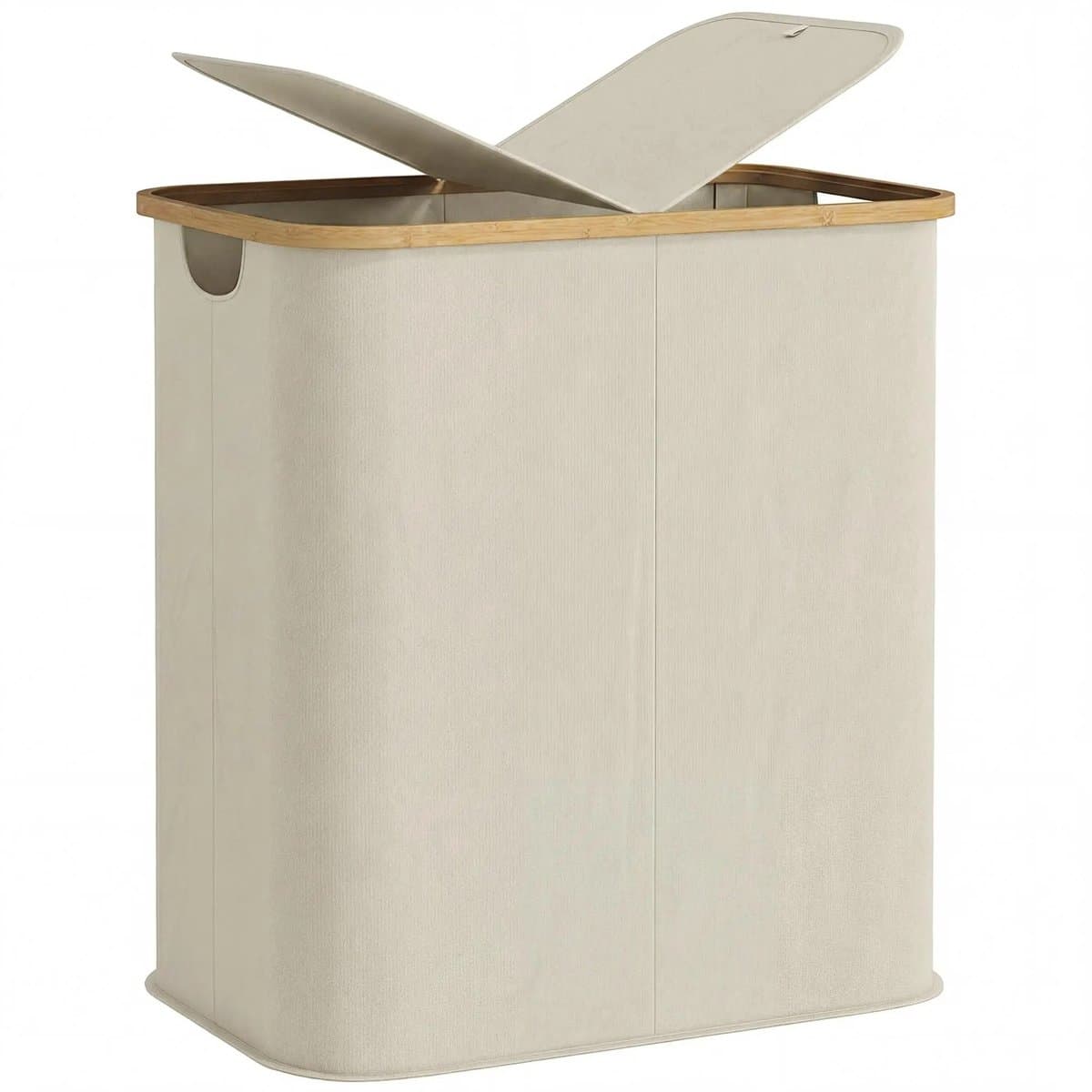 Emvae Wasmand - met Deksel - Dubbele Wasmand - 80 L - 2 Vakken - Opvouwbaar - Bamboe - Stof - Beige — afbeelding 1