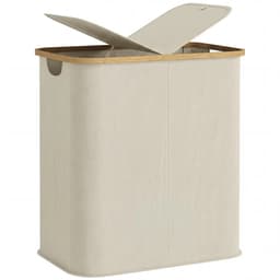 Emvae Wasmand - met Deksel - Dubbele Wasmand - 80 L - 2 Vakken - Opvouwbaar - Bamboe - Stof - Beige — thumbnail 1