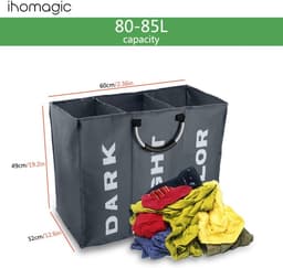 3 Secties Grote Wasmand, Opvouwbare Waszak, Opklapbare Wasmand, Draagbare Opbergtas met Handgrepen, Vuile Kledingzak voor Badkamer, Slaapkamer, 90L, Donkergrijs — thumbnail 4