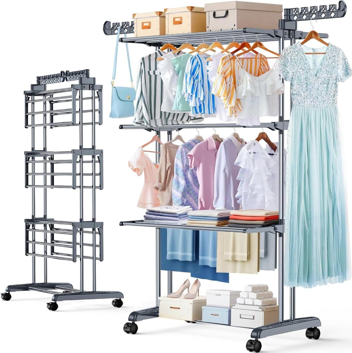 Droogrek 4 etages - Wasdroger Toren - Kleding Drogen - Opvouwbaar met wielen - Grote capaciteit - Grijs Zwart — afbeelding 1