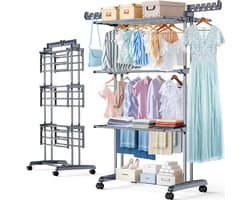Droogrek 4 etages - Wasdroger Toren - Kleding Drogen - Opvouwbaar met wielen - Grote capaciteit - Grijs Zwart