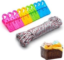 10 m, kleurrijk nylon touw + 10 wasknijpers met haken, duurzaam, voor buiten, binnen, tuin, complete set voor het ophangen van kleding, doeken en beddengoed — thumbnail 2