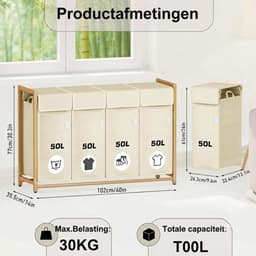 Wasmand - 200L - Wasmand 4 Vakken - Wasmanden - Beige - 54cm x 36cm x 83cm — thumbnail 5
