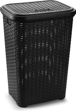 PlasticForte Wasmand met deksel - 60 liter - zwart - rotan - kunststof - L35 x B43 x H62 cm — thumbnail 1