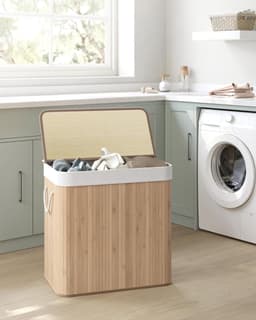 Bamboe Wasbox 150 L - Opvouwbaar met Deksel en Handvaten - Was Sorteermachine met 3 Compartimenten - Machine Wasbare Katoenen Waszak - Natuurlijke Kleur - Geschikt voor de Wasruimte (LCB091N01) — thumbnail 1