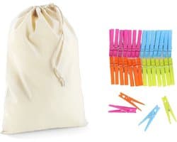 Wasknijperzakje / tasje met afsluitkoord en 32 plastic wasknijpers in verschillende kleuren - knijperzak / opbergtas — afbeelding 1