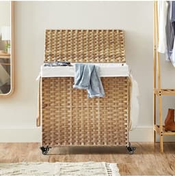 SONGMICS Wasmand, handgeweven, wasverzamelaar, 140 L, gemaakt van polyrattan, met 3 compartimenten, uitneembare zak, deksel, handvaten, voor woonkamer, badkamer, 66 x 33 x 60 cm, kleur naturel LCB363N01 — thumbnail 3