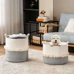 Wasmand van katoenen touw, opbergmand, boho decoratieve mand geweven, wasverzamelaar met handvatten, speelgoedopberger voor kinderkamer 40x43cm beige — thumbnail 4