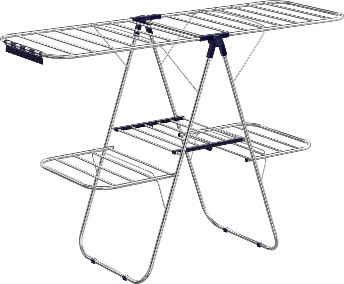 Droogrek - Wasrek - kledingrek van roestvrij staal, wasdroger met in hoogte verstelbare vleugels, vleugel kledingrek met 2 niveaus, voor sokken, bedlinnen, kleding, opvouwbaar, balkon, stal, blauw — afbeelding 1