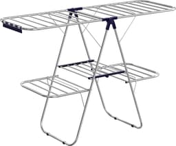 Droogrek - Wasrek - kledingrek van roestvrij staal, wasdroger met in hoogte verstelbare vleugels, vleugel kledingrek met 2 niveaus, voor sokken, bedlinnen, kleding, opvouwbaar, balkon, stal, blauw — thumbnail 1