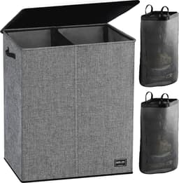 Dubbele Wasmand met Deksel en Afneembare Waszakken - 145L Wasmand voor Lichte en Donkere Kleding - Opvouwbare Opbergmand in Grijs — thumbnail 1