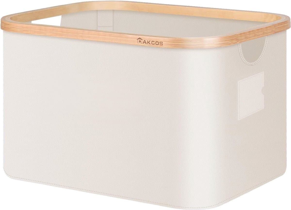 Laundry Hamper with Handles Bamboo Edge Foldable Fabric Basket for Clothes Toys Storage 32L Beige — afbeelding 1