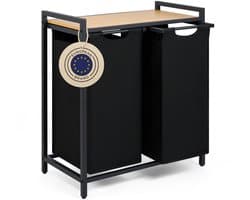 Blumtal Wasmand met 2 vakken - Wasmand met bamboe plank - Metalen frame - Wasmand met poten - Zwart