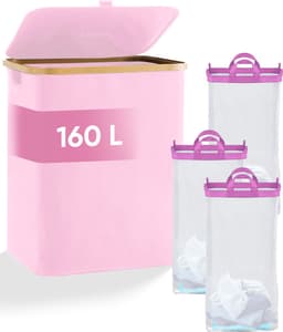 DARI. - Wasmand 3 vakken - Wassorteerder - 160L - met 3 uitneembare zakken - wasmand - roze - knopen — thumbnail 1
