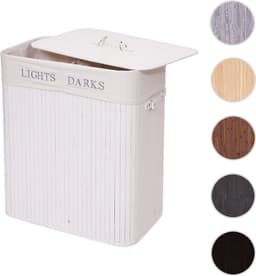 Wasmand MCW-C21, Wasbox Wasbox, bamboe 2 compartimenten 63x55x34cm 100l ~ wit — thumbnail 2