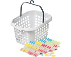 Wasknijpers ophang mandje/bakje - wit - met 60x plastic soft grip knijpers — afbeelding 1