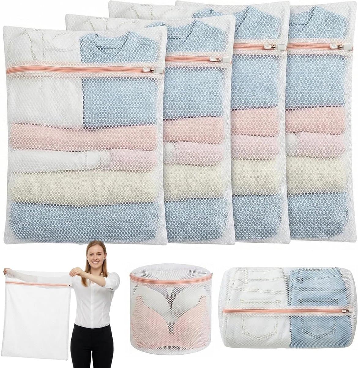 Set van 6 Grote Wasnetten voor de Wasmachine, Diverse Maten, Ideaal voor Fijne Was, Ondergoed, Sokken en Kleding met Rits — afbeelding 1