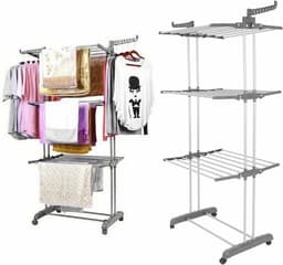 Stabiele droogtoren voor binnen en buiten, opvouwbare vleugels, ruimtebesparend, 4-laags, grote capaciteit met wielen en roestvrij staal — thumbnail 1
