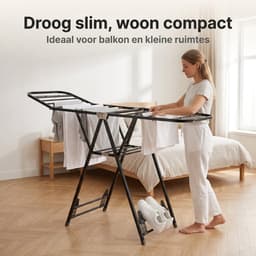 Cheqo® Wasrek - Droogrek - Inklapbaar - Staand - Zwart - Metaal - Opvouwbaar - Ruimtebesparend - met Vleugels en Schoenenhouder - Kledingrek - Wasdroger - Kledingdroger - voor Binnen en Buiten - Balkon - Studentenkamer - Slaapkamer — thumbnail 3