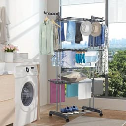 4-laagse Droogkledingrek, 6 opvouwbare vleugels en 2 draaibare armen, stevig frame, geschikt voor binnen/buiten gebruik, draagbare kledinghanger, voor appartementen, slaapkamers, balkons, grijs. — thumbnail 3