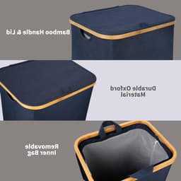 Hoge wasmand met deksel van 100 liter, opvouwbare XXL wasmand met bamboe handvat en binnenvak, ideaal voor slaapkamer en badkamer, blauw — thumbnail 2