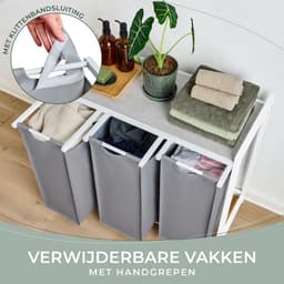 REN® Wasmand 3 Vakken - Wasmand - Wassorteerder - Wasmand Met Deksel - Grijs/Wit - 36cm x 86cm x 73cm — thumbnail 2