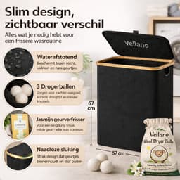 Vellano Wasmand 3 Vakken – Wassorteerder met Deksel – 145L – 3 Uitneembare Waszakken – Bamboe Frame – Incl. Drogerballen & Jasmijn Geurverfrisser — thumbnail 2