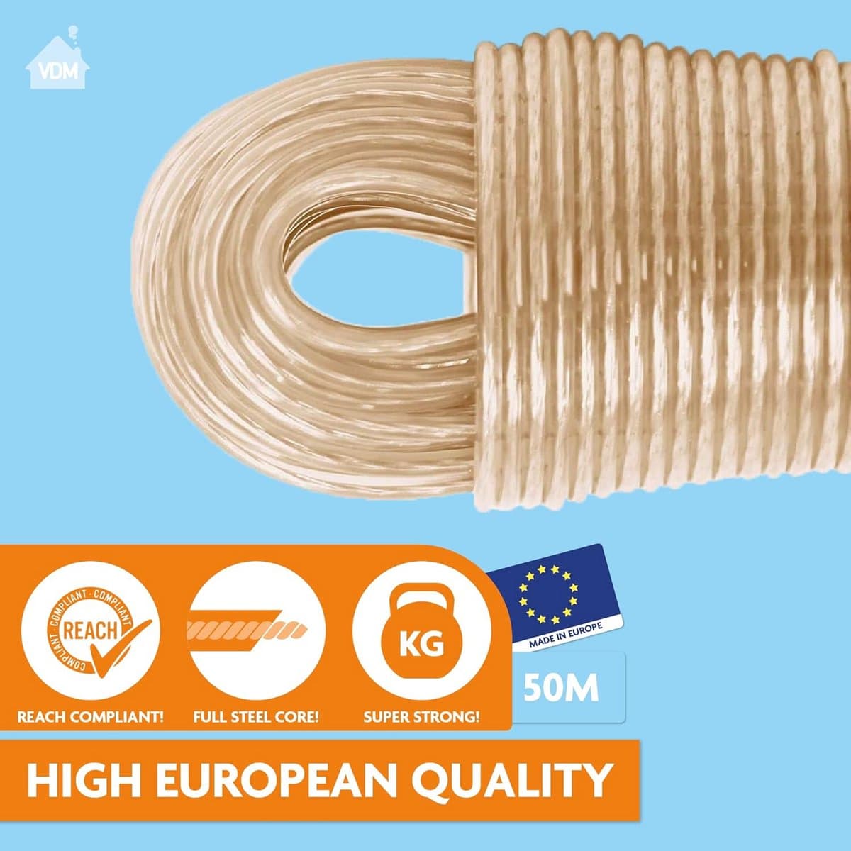 Kabel voor Waslijn - Waslijn Staalkern - Kleding Drogen - Extra Sterk - 50 Meter - Wit — afbeelding 1