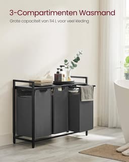VASAGLE Wasmand 3 vakken, wasverzamelaar met plank, wasbox, waszak van oxford stof uitneembaar, metalen frame, 3 x 38 L, 92,5 x 33 x 72 cm, zwart-grijs — thumbnail 4