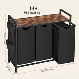 Wasmand Kledingverdeler 87,7 x 33 x 72 cm Zwart 3 vakken van 40 L Met uittrekbare en afneembare voeringzak, zijvak en roosterplank Stevig metalen frame Geschikt voor wasruimte, badkamer en slaapkamer — thumbnail 2