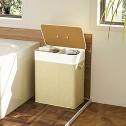 REDOM - Wasmand - 100 L inhoud - 2 vakken - Deksel en uitneembare waszak - Bamboe en metalen frame - Wit - 52 x 32 x 63 cm — thumbnail 4