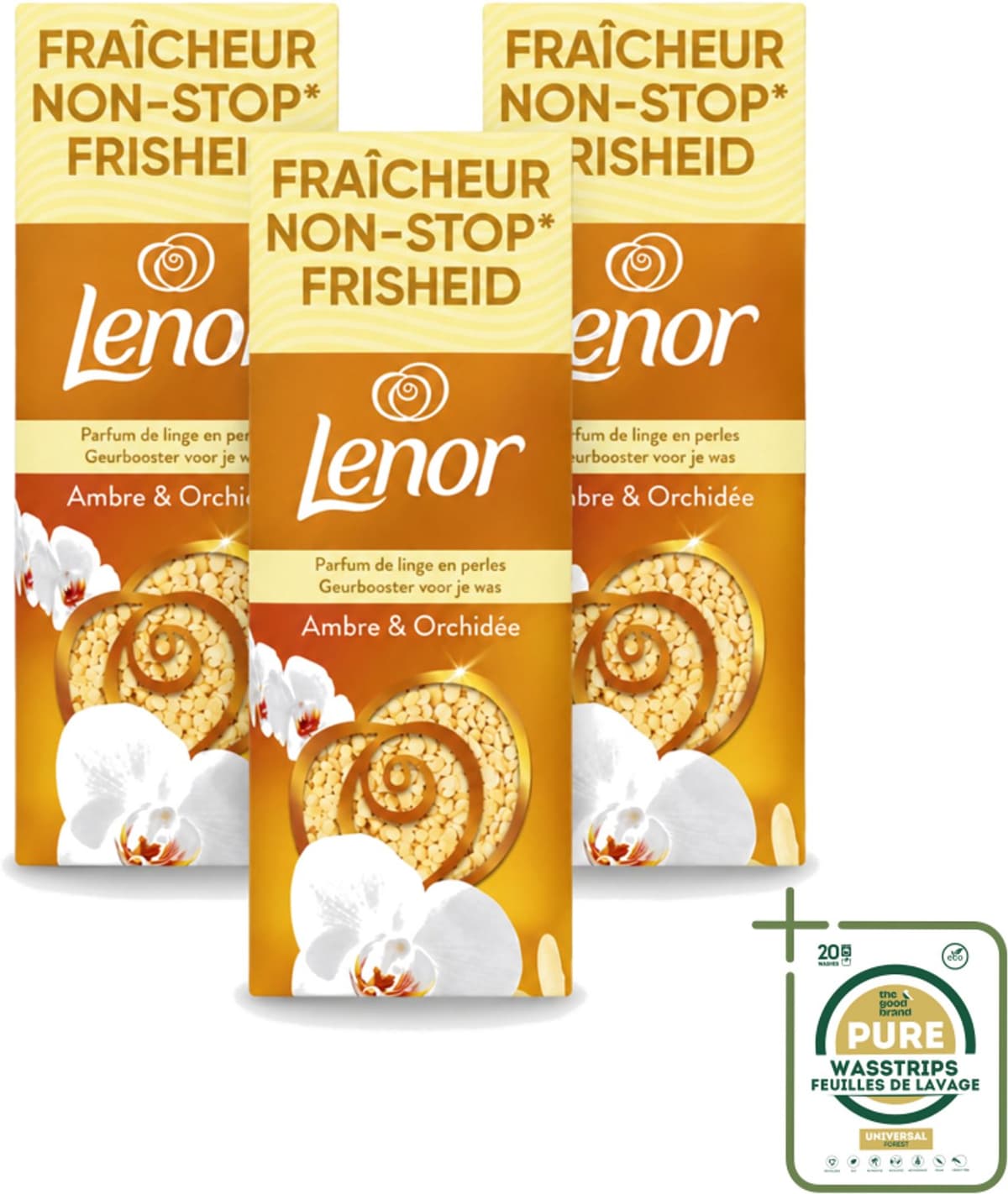 3 x Lenor – Geurbooster – Amber & Orchidee – 12 Wasbeurten – 155 g - Wasstrips - Geurparels - Wasgeur - Luxegeur - Orchidee - Vanille — afbeelding 1