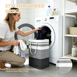 75L, katoen en linnen wasmanden met handgrepen voor slaapkamers, badkamers, woonkamers, opvouwbare wasmand voor huishoudelijke artikelen, kleding, speelgoed, zwartgrijze strepen, waterdichte — thumbnail 3