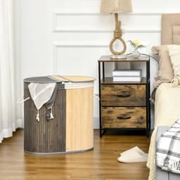 Wasmand - 100 liter - Deksel met handvat - 2 secties - Verwijderbare waszak - Voor de slaapkamer - Bamboe - Grijs en naturel — thumbnail 3