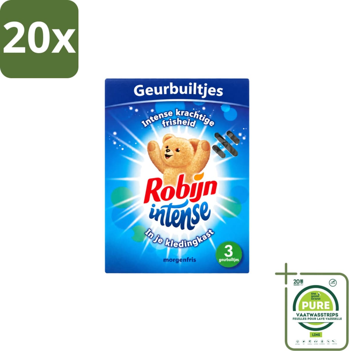 20 x Robijn - Intense - Geurbuiltjes - Langdurige Geur - Intense Frisheid - 3 Geurbuiltjes - Grootverpakking - Vaatwasstrips - Geur In Kleding - Frisheid Kleding - Geur In Tas - Geur In Koffer - Geur In Auto — afbeelding 1