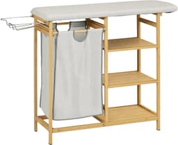 Wasmand, bamboe, wasmand voor vuile was, opbergrek en badkamerrek, met strijkplank, eenvoudig ontwerp, eenvoudig te reinigen, praktisch en decoratief, geschikt voor badkamer, balkon en wasruimte, 113×34×82 cm, houtkleur en grijs — thumbnail 1