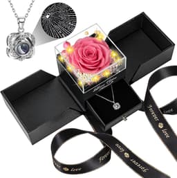 Echte Rose Verjaardag Geschenken voor Vrouwen Vrouw Haar Moeder Vriendin Meisjes Oma met Ik hou van je Hart Ketting Eeuwige Rose Bloemen op Valentijnsdag Moedersdag Kerstmis Verjaardag-Roze — thumbnail 1