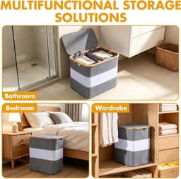 2 vakken, 102 l, XL, met deksel, opvouwbare wasmand met zijvak, uitneembare waszak, bamboerand, waterdicht, vuile wasmand voor slaapkamer, badkamer, grijs — thumbnail 5