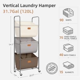 MANIAC 120 liter verticale rollende wasmand, 3 secties wassorteerder met wielen en 2 pauzes, 3-laags wasmanden voor kleine ruimte, slaapzaal, wasruimte, kast, veelkleurige 3-laags — thumbnail 3