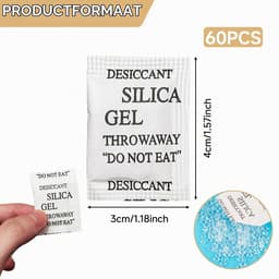 60 zakjes voor vochtabsorberend, silicagel, droogmiddel voor levensmiddelen, elektronica, kleding en documenten, niet giftig, geurloos — thumbnail 5