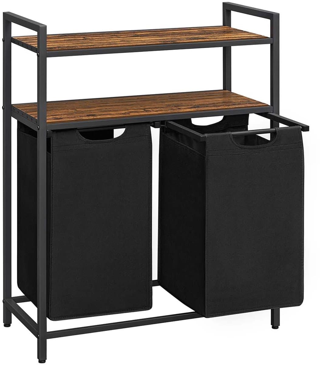 Wasmand, wasbak, wasverdelersysteem met 2 uittrekbare en afneembare zakken en dubbele opbergrek, elke zak met een capaciteit van 46 liter, geschikt voor badkamer of wasruimte, 73 x 33 x 91 cm, bruin en zwart — afbeelding 1