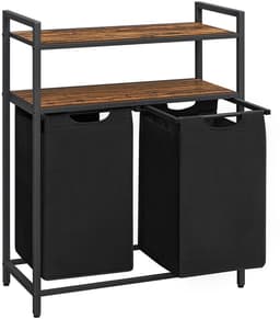 Wasmand, wasbak, wasverdelersysteem met 2 uittrekbare en afneembare zakken en dubbele opbergrek, elke zak met een capaciteit van 46 liter, geschikt voor badkamer of wasruimte, 73 x 33 x 91 cm, bruin en zwart — thumbnail 1