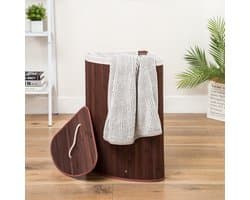 Grote Hoek Bamboe Wasmand met deksel - 100 L - Wasmand 1 Vak met stoffen waszak - Opvouwbaar - Wassorteerder Rond