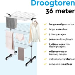 BRASQ Droogtoren - Inklapbaar - Drooglengte 36 Meter - Droogtoren met Wieltjes en Kledinghangers - Droogrek - Wastoren - Wasrek - 77x73x140 cm — thumbnail 2
