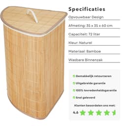 Bamboe Wasmand Hoekmodel - Wassorteerder met Waszak - 72L Opvouwbaar - Naturel met Deksel - Inclusief EBOOK — thumbnail 5
