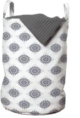 ABAKUHAUS Jaargang Waszak, Grijze Vierkantjes Met Bloemen, Wasmand met Handgrepen en Trekkoordsluiting voor wasserettes, 33 cm breed x 49 cm hoog, Grijs, Grijs, Wit — thumbnail 1