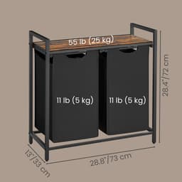 VASAGLE - Wasmand met 2 Compartimenten - 2 Uitneembare Tassen - Metalen Frame - Met Plank — thumbnail 2